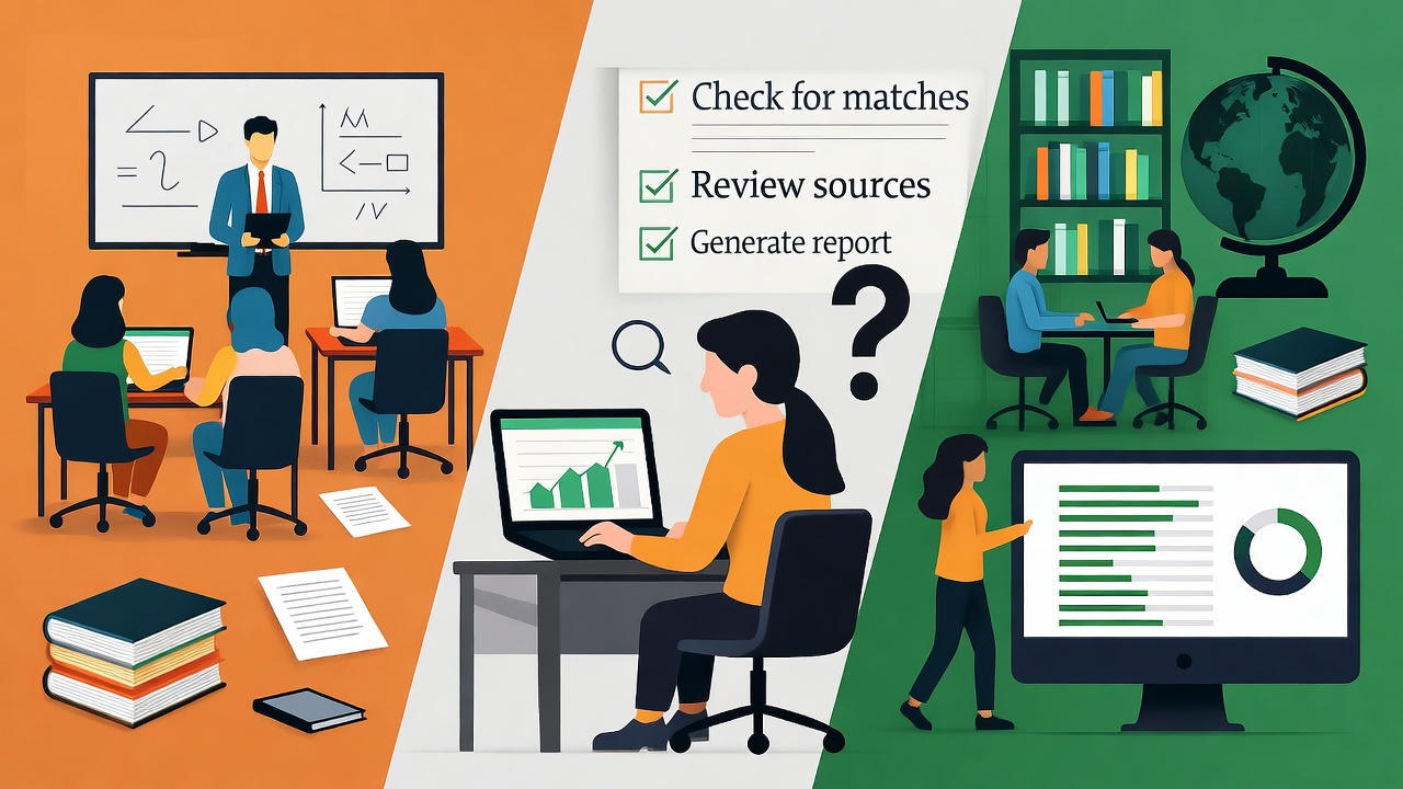 Concept image showing students and teachers using plagiarism detection and research tools in education; includes classroom learning, online report generation, and data analysis with checklists for “Check for matches,” “Review sources,” and “Generate report,” symbolizing academic integrity, digital research, and originality checking in education.